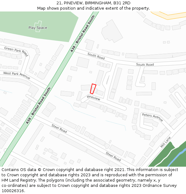 21, PINEVIEW, BIRMINGHAM, B31 2RD: Location map and indicative extent of plot