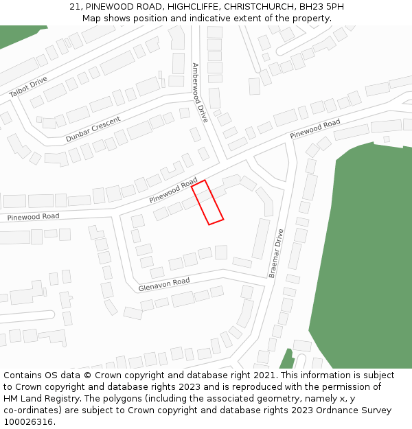 21, PINEWOOD ROAD, HIGHCLIFFE, CHRISTCHURCH, BH23 5PH: Location map and indicative extent of plot