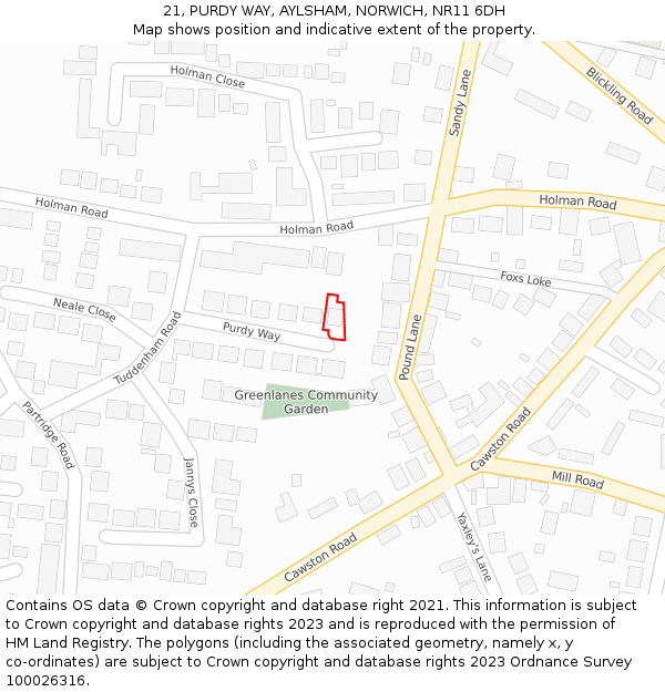 21, PURDY WAY, AYLSHAM, NORWICH, NR11 6DH: Location map and indicative extent of plot