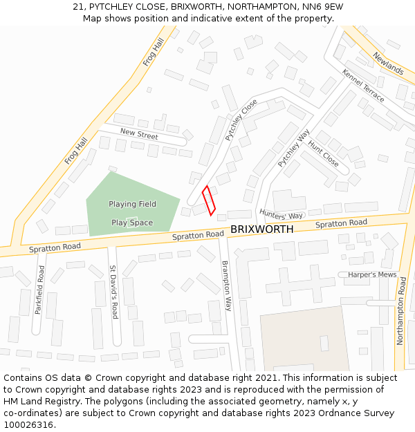 21, PYTCHLEY CLOSE, BRIXWORTH, NORTHAMPTON, NN6 9EW: Location map and indicative extent of plot