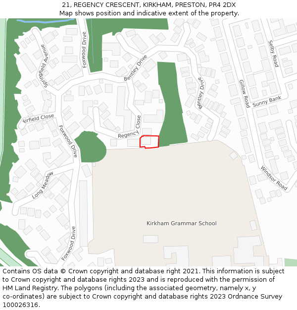 21, REGENCY CRESCENT, KIRKHAM, PRESTON, PR4 2DX: Location map and indicative extent of plot