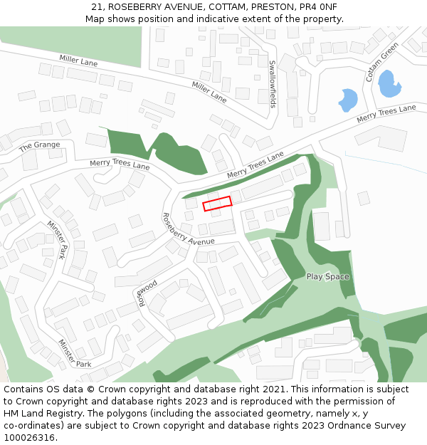 21, ROSEBERRY AVENUE, COTTAM, PRESTON, PR4 0NF: Location map and indicative extent of plot