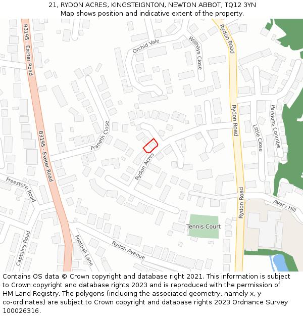 21, RYDON ACRES, KINGSTEIGNTON, NEWTON ABBOT, TQ12 3YN: Location map and indicative extent of plot