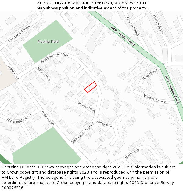 21, SOUTHLANDS AVENUE, STANDISH, WIGAN, WN6 0TT: Location map and indicative extent of plot