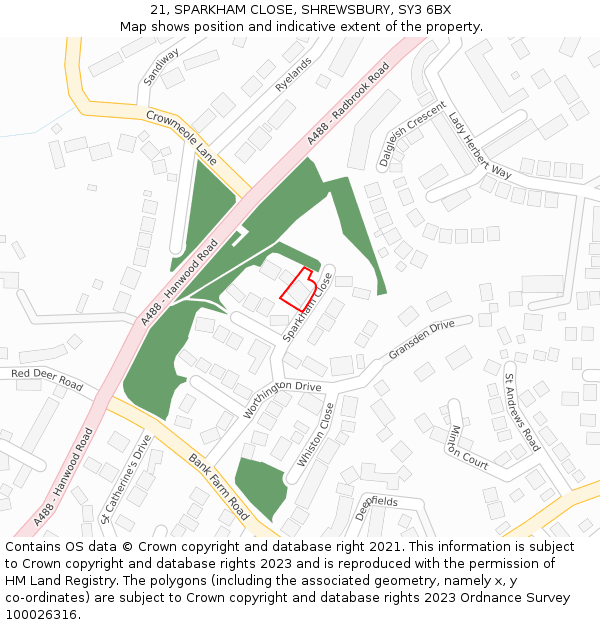 21, SPARKHAM CLOSE, SHREWSBURY, SY3 6BX: Location map and indicative extent of plot