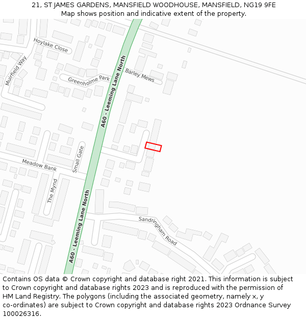 21, ST JAMES GARDENS, MANSFIELD WOODHOUSE, MANSFIELD, NG19 9FE: Location map and indicative extent of plot