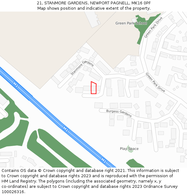 21, STANMORE GARDENS, NEWPORT PAGNELL, MK16 0PF: Location map and indicative extent of plot