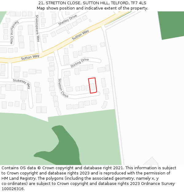 21, STRETTON CLOSE, SUTTON HILL, TELFORD, TF7 4LS: Location map and indicative extent of plot