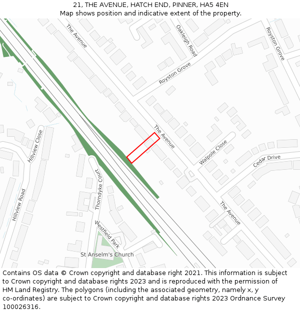 21, THE AVENUE, HATCH END, PINNER, HA5 4EN: Location map and indicative extent of plot