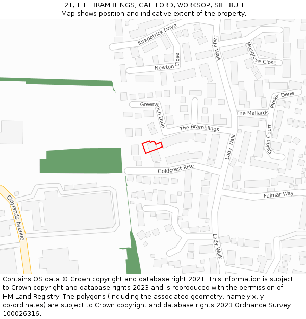 21, THE BRAMBLINGS, GATEFORD, WORKSOP, S81 8UH: Location map and indicative extent of plot