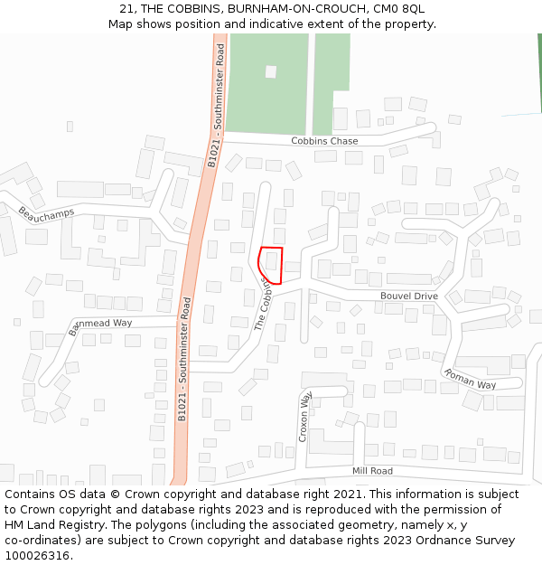 21, THE COBBINS, BURNHAM-ON-CROUCH, CM0 8QL: Location map and indicative extent of plot