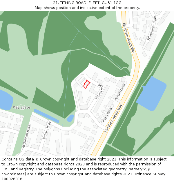 21, TITHING ROAD, FLEET, GU51 1GG: Location map and indicative extent of plot