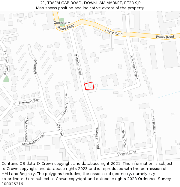 21, TRAFALGAR ROAD, DOWNHAM MARKET, PE38 9JP: Location map and indicative extent of plot