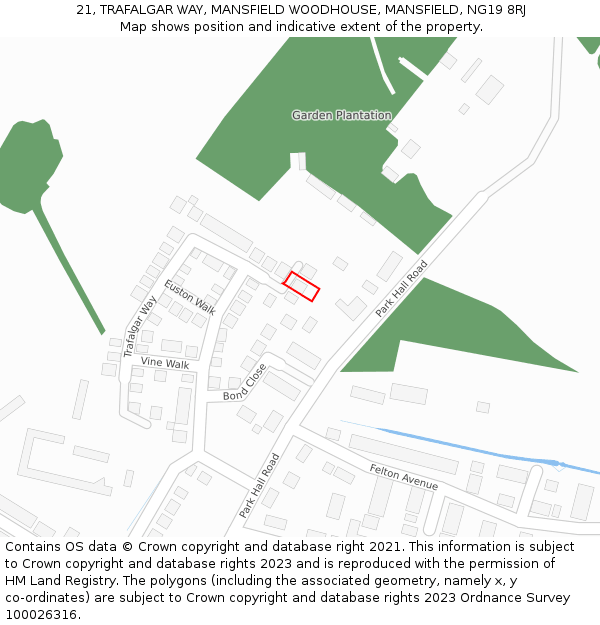 21, TRAFALGAR WAY, MANSFIELD WOODHOUSE, MANSFIELD, NG19 8RJ: Location map and indicative extent of plot