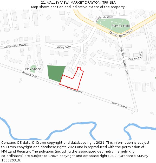 21, VALLEY VIEW, MARKET DRAYTON, TF9 1EA: Location map and indicative extent of plot