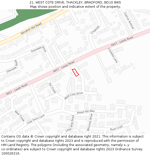 21, WEST COTE DRIVE, THACKLEY, BRADFORD, BD10 8WS: Location map and indicative extent of plot