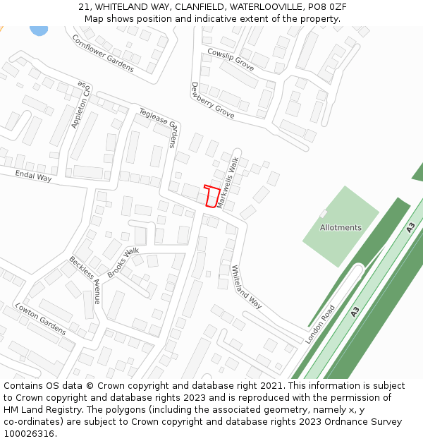 21, WHITELAND WAY, CLANFIELD, WATERLOOVILLE, PO8 0ZF: Location map and indicative extent of plot