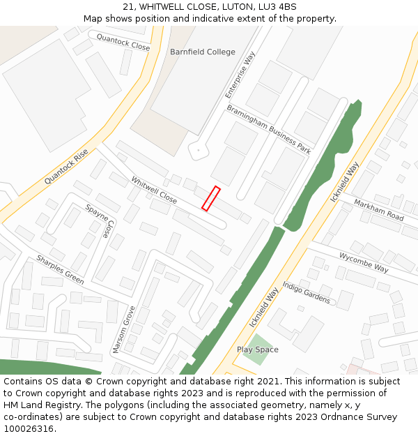 21, WHITWELL CLOSE, LUTON, LU3 4BS: Location map and indicative extent of plot