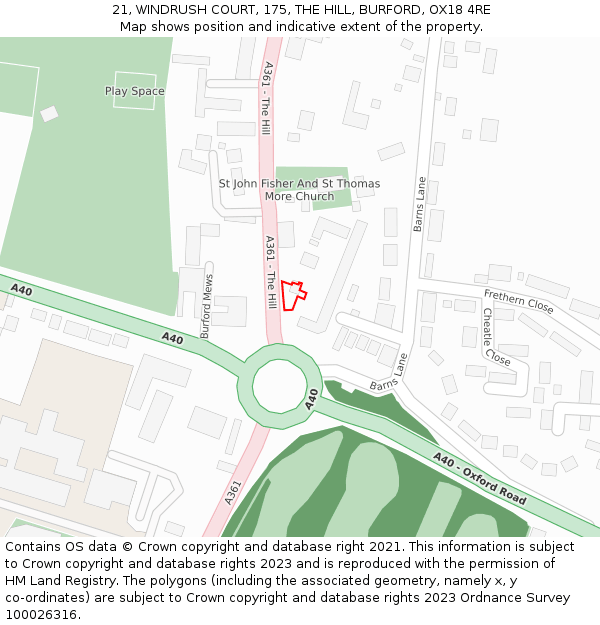 21, WINDRUSH COURT, 175, THE HILL, BURFORD, OX18 4RE: Location map and indicative extent of plot