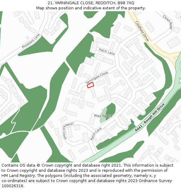 21, YARNINGALE CLOSE, REDDITCH, B98 7XQ: Location map and indicative extent of plot