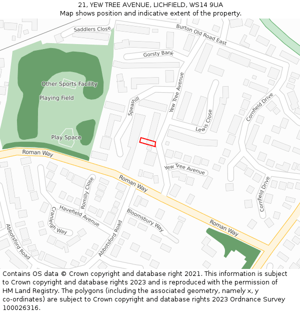 21, YEW TREE AVENUE, LICHFIELD, WS14 9UA: Location map and indicative extent of plot