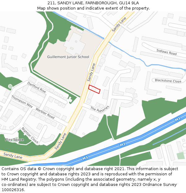 211, SANDY LANE, FARNBOROUGH, GU14 9LA: Location map and indicative extent of plot