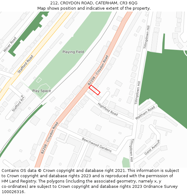 212, CROYDON ROAD, CATERHAM, CR3 6QG: Location map and indicative extent of plot