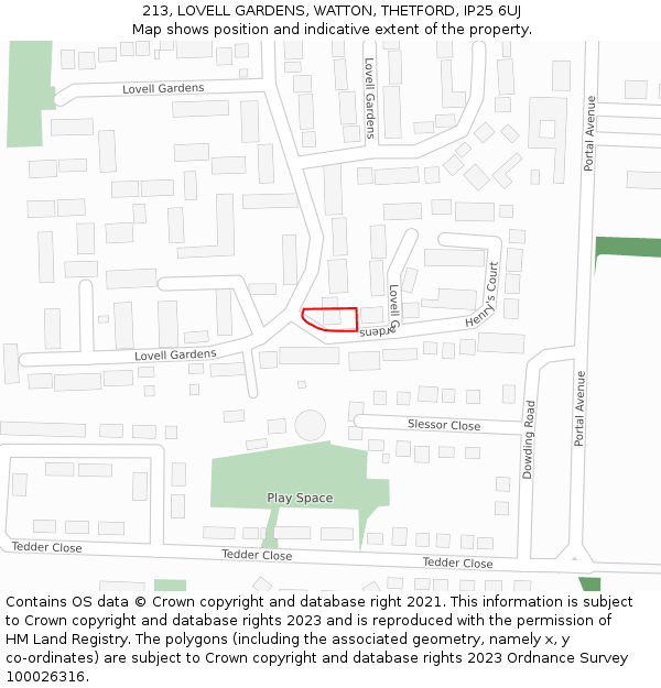 213, LOVELL GARDENS, WATTON, THETFORD, IP25 6UJ: Location map and indicative extent of plot