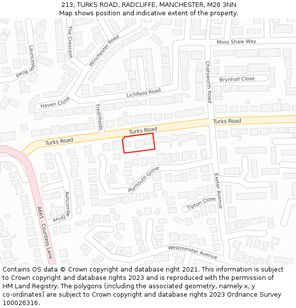 213, TURKS ROAD, RADCLIFFE, MANCHESTER, M26 3NN: Location map and indicative extent of plot