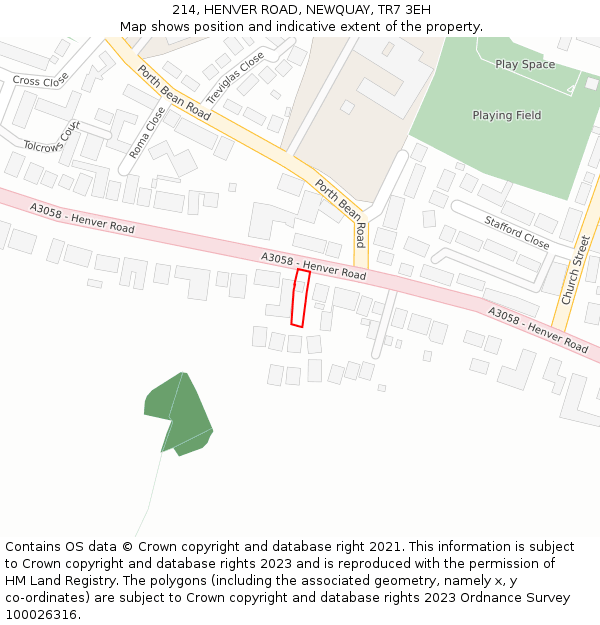 214, HENVER ROAD, NEWQUAY, TR7 3EH: Location map and indicative extent of plot