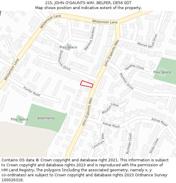 215, JOHN O'GAUNTS WAY, BELPER, DE56 0DT: Location map and indicative extent of plot