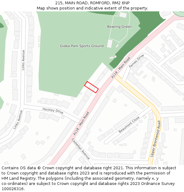 215, MAIN ROAD, ROMFORD, RM2 6NP: Location map and indicative extent of plot