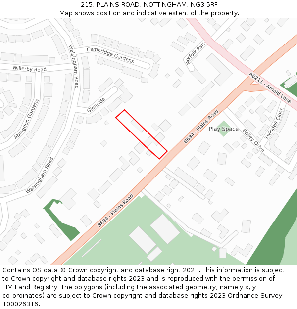 215, PLAINS ROAD, NOTTINGHAM, NG3 5RF: Location map and indicative extent of plot