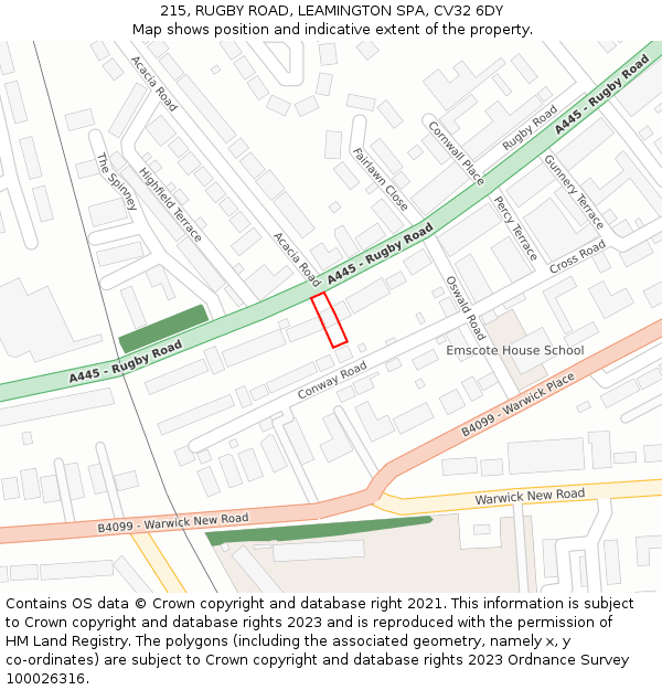 215, RUGBY ROAD, LEAMINGTON SPA, CV32 6DY: Location map and indicative extent of plot