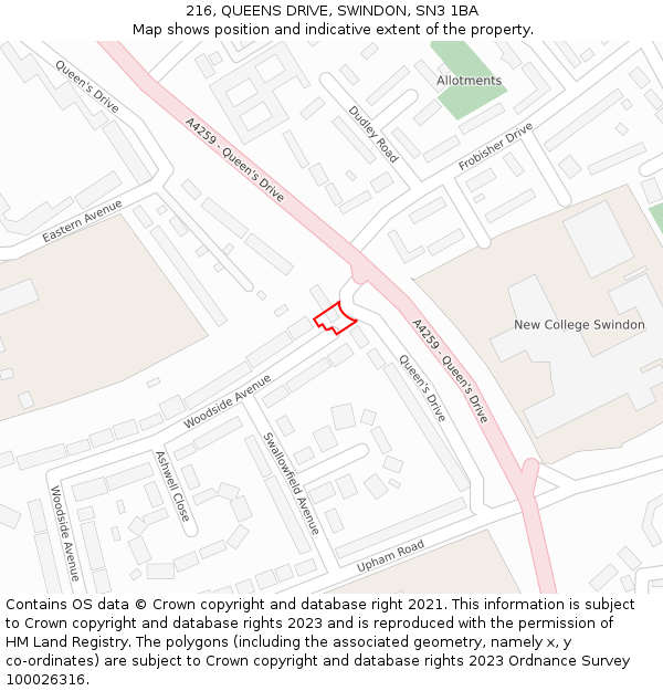 216, QUEENS DRIVE, SWINDON, SN3 1BA: Location map and indicative extent of plot