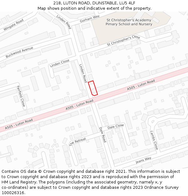 218, LUTON ROAD, DUNSTABLE, LU5 4LF: Location map and indicative extent of plot