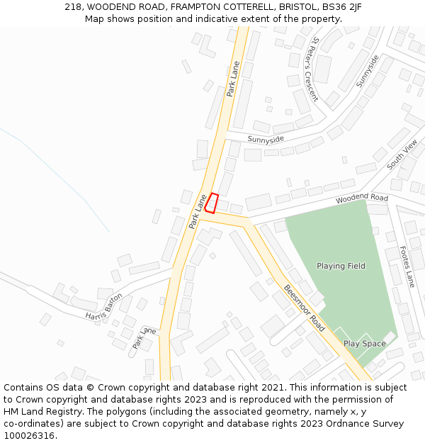 218, WOODEND ROAD, FRAMPTON COTTERELL, BRISTOL, BS36 2JF: Location map and indicative extent of plot