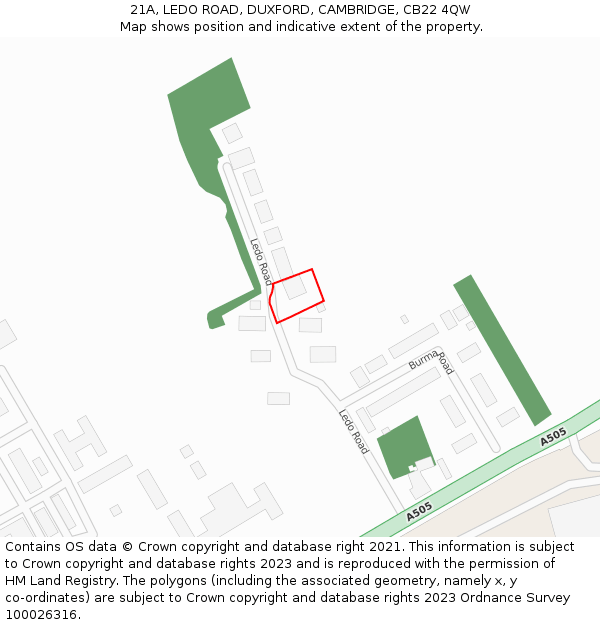 21A, LEDO ROAD, DUXFORD, CAMBRIDGE, CB22 4QW: Location map and indicative extent of plot