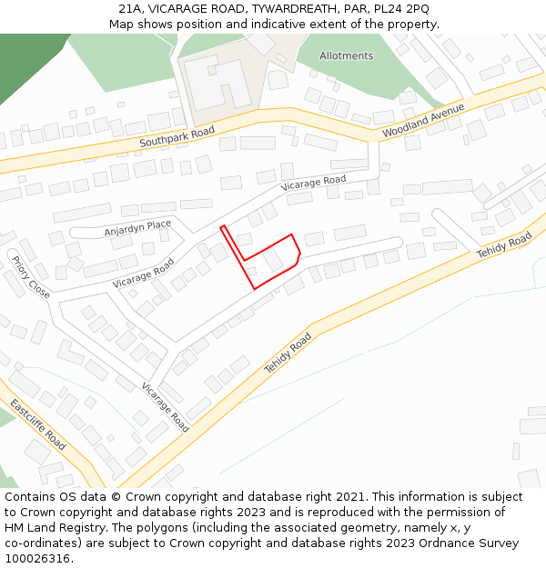 21A, VICARAGE ROAD, TYWARDREATH, PAR, PL24 2PQ: Location map and indicative extent of plot