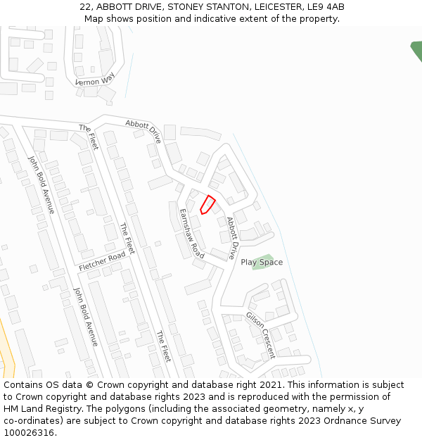 22, ABBOTT DRIVE, STONEY STANTON, LEICESTER, LE9 4AB: Location map and indicative extent of plot