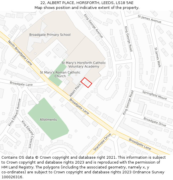 22, ALBERT PLACE, HORSFORTH, LEEDS, LS18 5AE: Location map and indicative extent of plot