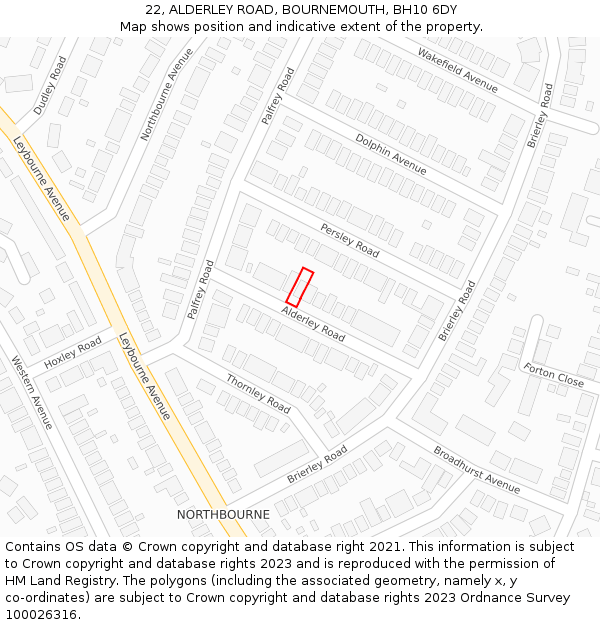 22, ALDERLEY ROAD, BOURNEMOUTH, BH10 6DY: Location map and indicative extent of plot