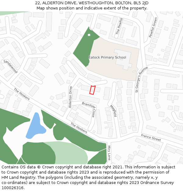 22, ALDERTON DRIVE, WESTHOUGHTON, BOLTON, BL5 2JD: Location map and indicative extent of plot