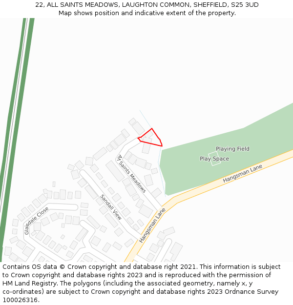 22, ALL SAINTS MEADOWS, LAUGHTON COMMON, SHEFFIELD, S25 3UD: Location map and indicative extent of plot