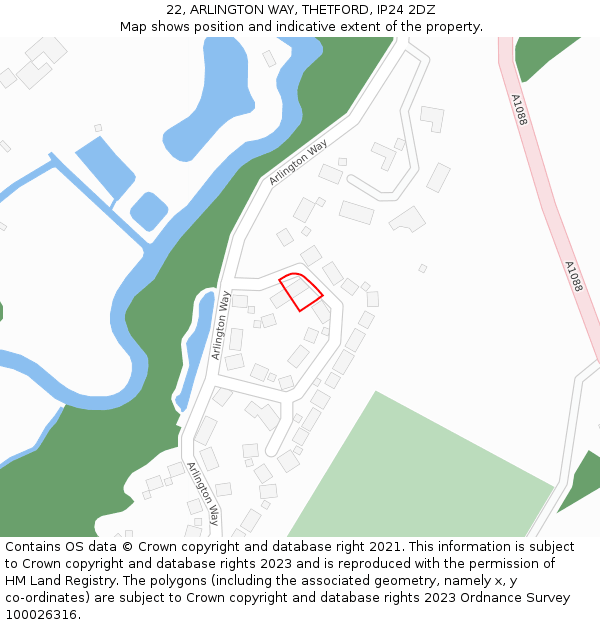 22, ARLINGTON WAY, THETFORD, IP24 2DZ: Location map and indicative extent of plot