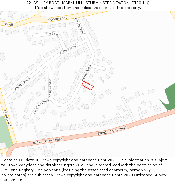 22, ASHLEY ROAD, MARNHULL, STURMINSTER NEWTON, DT10 1LQ: Location map and indicative extent of plot