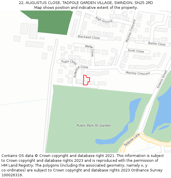 22, AUGUSTUS CLOSE, TADPOLE GARDEN VILLAGE, SWINDON, SN25 2RD: Location map and indicative extent of plot