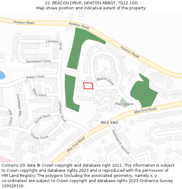 22, BEACON DRIVE, NEWTON ABBOT, TQ12 1GG: Location map and indicative extent of plot