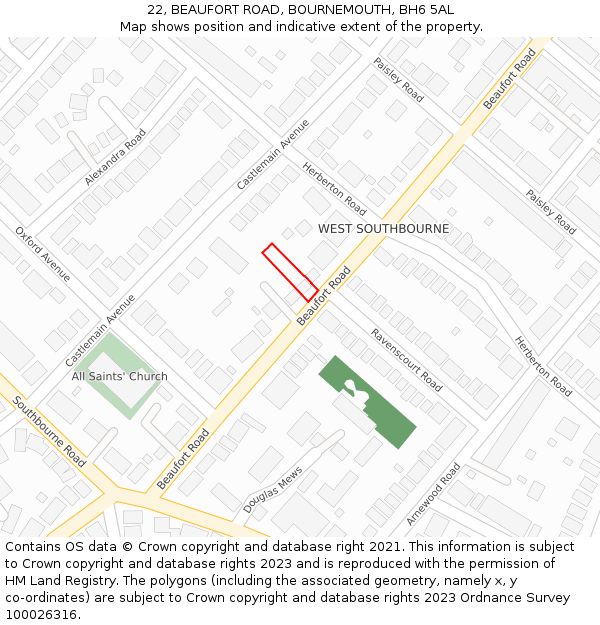 22, BEAUFORT ROAD, BOURNEMOUTH, BH6 5AL: Location map and indicative extent of plot