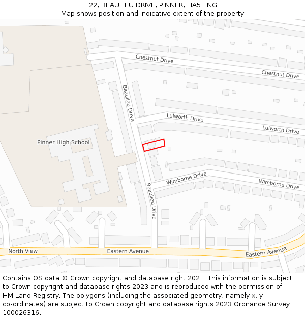 22, BEAULIEU DRIVE, PINNER, HA5 1NG: Location map and indicative extent of plot